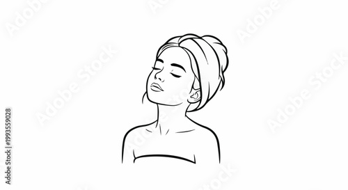 Line art drawing of a woman with a towel wrapped around her head