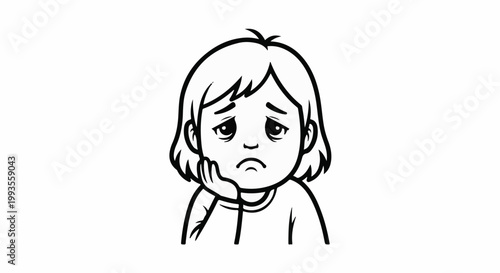Cartoon of a child with a sad expression, resting chin on hand