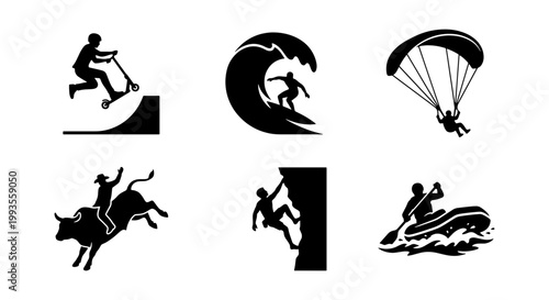 Extreme sports silhouette icons set, black and white action sports vector collection, 6 adventure activity symbols for outdoor recreation branding