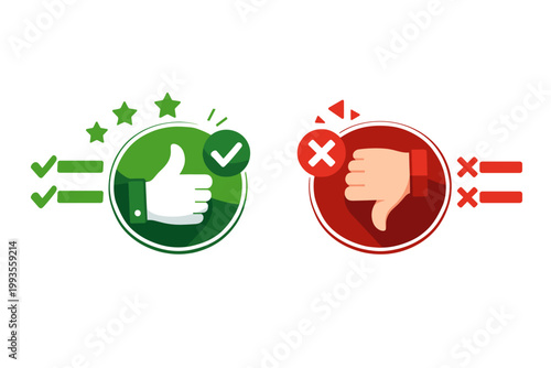 Pros and Cons Comparison Vector Illustration with Thumbs Up and Thumbs Down Icons, Green Checkmark and Red Cross Symbols for Business Feedback, Customer Reviews, Rating Systems, and Evaluation.