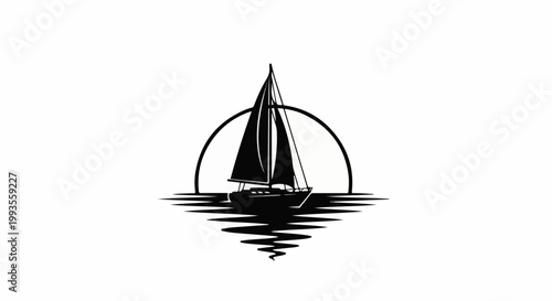 A solitary sailboat glides across reflective waters beneath a crescent moon