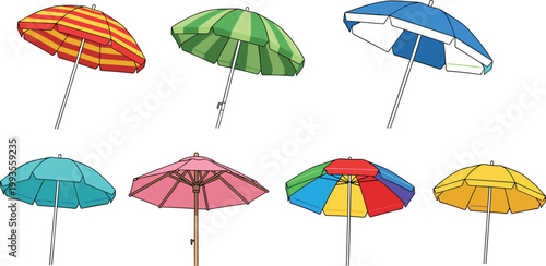 Beach umbrella illustration set with colorful sun umbrellas for summer vacation, seaside relaxation and tropical beach shade vector collection