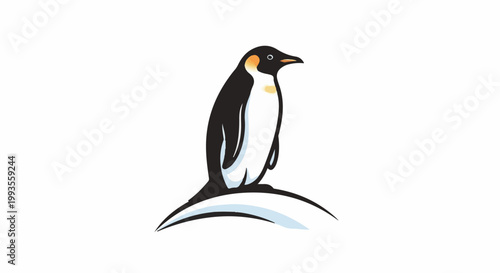 Stylized cartoon emperor penguin stands proudly on a snowy mound