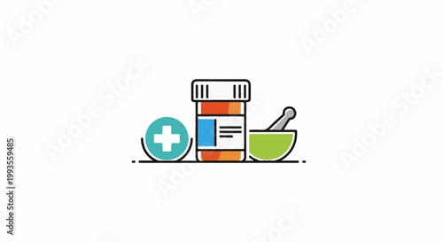 Medical icons pill bottle, cross symbol, and mortar and pestle on white