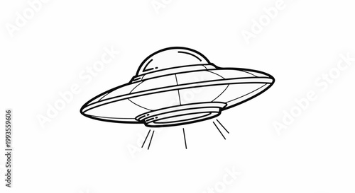 A retro style cartoon drawing of a flying saucer with beams of light