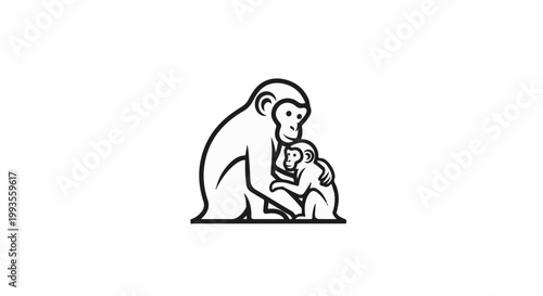 A parent and child primate embrace in a loving, stylized black and white graphic