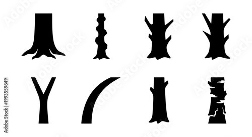 Black tree trunk silhouettes set, minimalist wood bark and branch vector icons, 8 organic timber stem shapes for nature landscape design