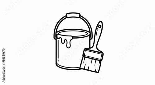 Simple line art of a paint bucket with dripping paint and a paintbrush