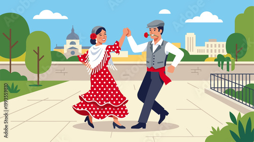 Features a chulapo couple in traditional Madrid costumes gracefully dancing the chotis, embodying the festive spirit of San Isidro. This is a vibrant flat design.