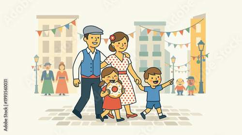 Joyful flat design illustration of family enjoying San Isidiro festival. This is a cheerful, simple vector.