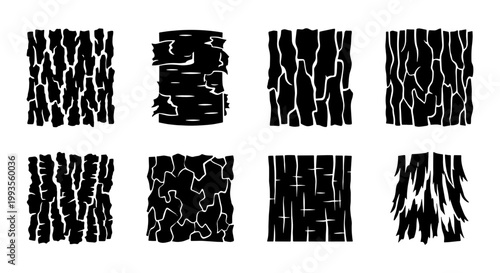 Natural tree bark texture set, black and white wood surface patterns, collection of 8 organic timber skin vector icons for rustic design