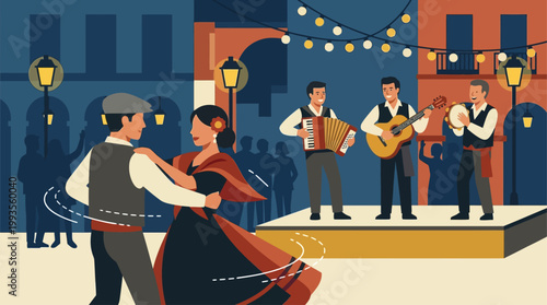 A flat design collection of traditional Spanish musical instruments often heard during the San Isidro Festival, such as a guitar and accordion, alongside dancing figures. 