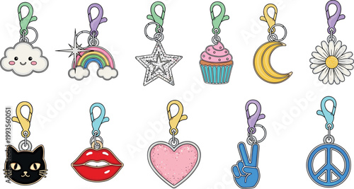 Cute keychain charm vector set with cartoon cloud rainbow star cupcake moon daisy cat lips heart peace icons collection