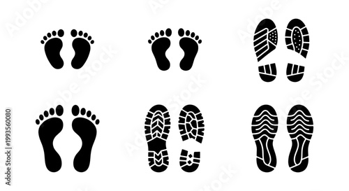 Black footprint silhouettes and shoe sole prints set, human feet and boot tread marks, 6 pairs of footstep icons for forensic and tracking design