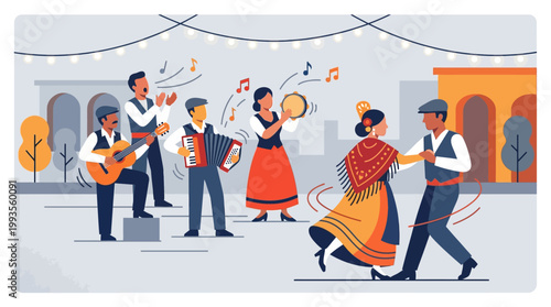 A flat design collection of traditional Spanish musical instruments often heard during the San Isidro Festival, such as a guitar and accordion, alongside dancing figures. 