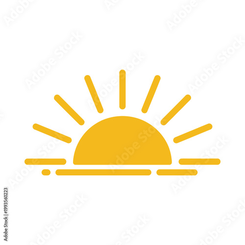 A simple yellow sun graphic rises over a flat horizon line evoking warmth