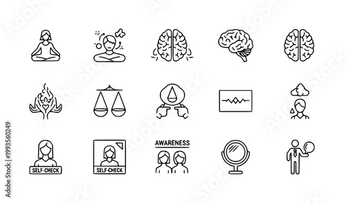 Self awareness line icon set mindfulness and personal growth vector collection on white background