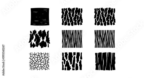 Natural wood bark texture set, organic tree trunk surface patterns, 9 black and white hand drawn timber grain vector elements for rustic design