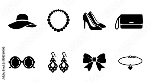 Minimalist fashion accessories icon set, black silhouette female clothing elements, elegant jewelry and apparel vector symbols for retail branding