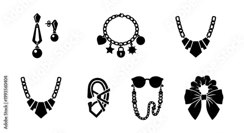 Fashion jewelry and accessories icon set, black silhouette jewelry vector elements, elegant necklace and earring collection for retail design