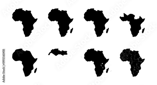 Africa map silhouette collection, black continent outline vector set, geographic landmass shapes for infographics and travel design