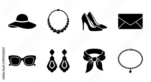 Minimalist fashion accessories icon set, black female style elements vector, elegant jewelry and clothing silhouettes for boutique branding