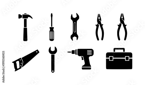 Black tools icon set construction and repair vector collection on white background