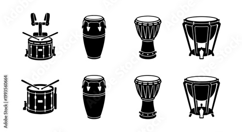 Percussion instrument icon set, black and white drum vector collection, marching snare and conga symbols, djembe and timpani musical equipment