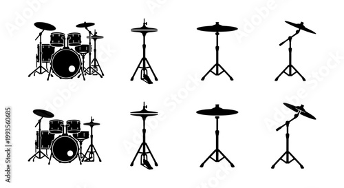 Black drum kit silhouettes, musical instrument vector set with cymbals and hi-hats, professional percussion equipment icons for concert posters