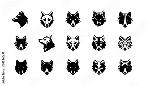 Abstract wolf head logo vector set geometric animal mascot icons on white background
