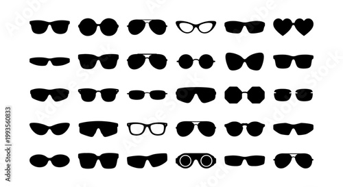 Sunglasses silhouette icons set, 30 black vector eyewear shapes, retro and modern sun glasses collection, fashion accessories for summer design