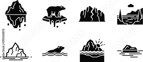 Arctic landscape icons a collection of minimalist black and white illustrations depicting polar regions