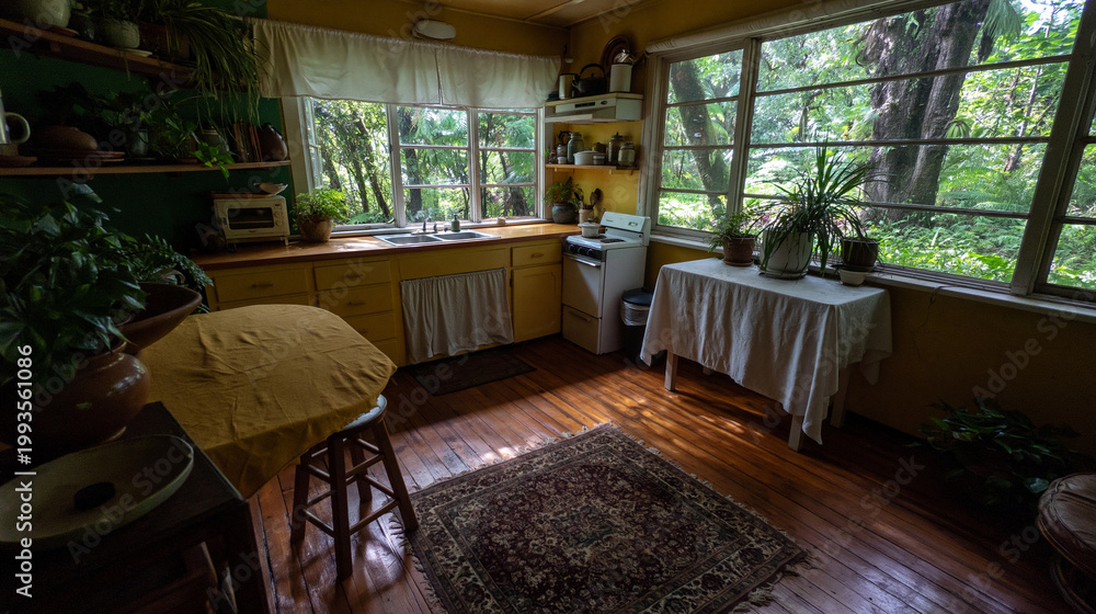 Fototapeta premium Kitchen area displays yellow cabinetry and a small dining table draped in a white tablecloth near large windows.