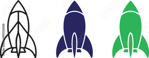 Colorful rocket ship icons in blue, green, and black