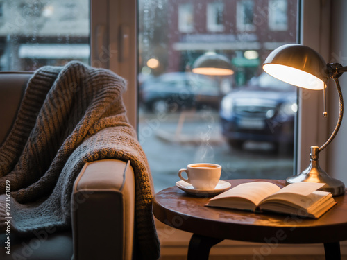 Cozy reading corner with a warm lamp and a cup of coffee