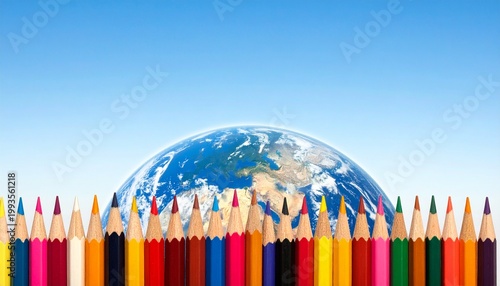 colorful pencils forming global skyline around earth for education and creativity concept