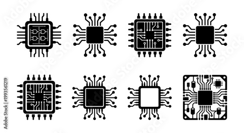 Microchip vector icons set, computer processor and semiconductor circuit symbols, black electronic hardware components on white background
