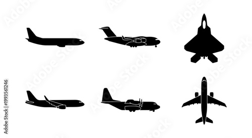 Airplane silhouette vector set, commercial aircraft and military jet icons, 6 aviation transport elements for travel and defense design