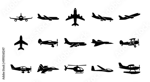 Airplane silhouette icons set of 15 vector elements, black aircraft symbols for aviation and travel, commercial jet and private plane graphics