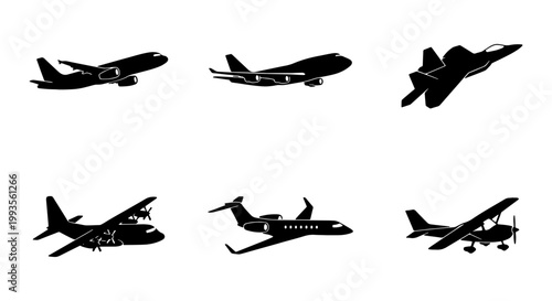 Airplane silhouette vector set, collection of 6 aircraft icons, commercial jet and military fighter plane symbols, private jet and propeller plane graphics