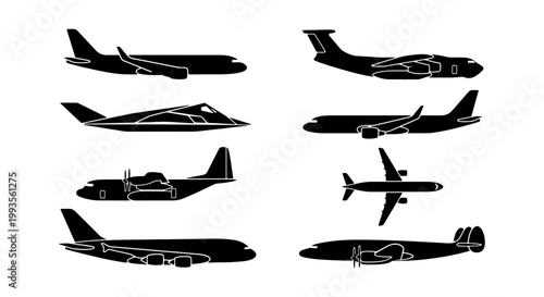 Aviation silhouette collection, 8 airplane vector icons, commercial aircraft and military jet silhouettes, passenger plane and cargo flight symbols