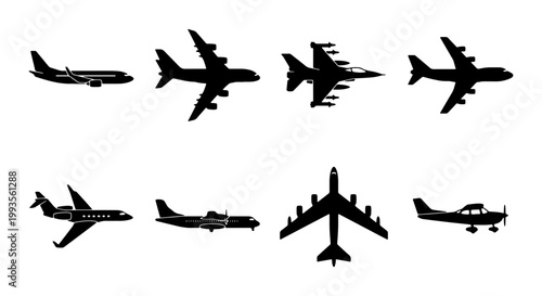 Black airplane silhouette set of 8 vector icons, commercial aviation and military aircraft silhouettes, passenger jet and private plane symbols