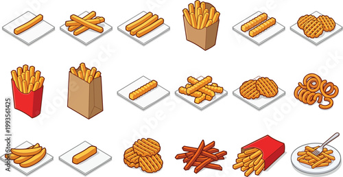 French fries and potato snacks isometric vector illustration set showing various types of fried potatoes in different serving styles.