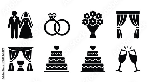 Set of black wedding and marriage icons featuring a bride and groom, rings, bouquet, ceremony arch, tiered cake, and clinking glasses, presented in a clean, minimalist silhouette style