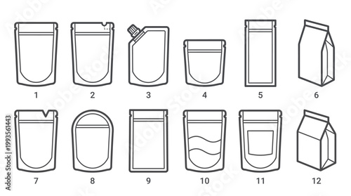 Collection of stand-up pouches and flexible packaging bags in various shapes and sizes, presented as line art icons.