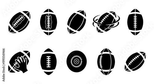 American football icons set, black silhouette rugby ball vector collection, 10 sports equipment symbols for competition branding and game UI design