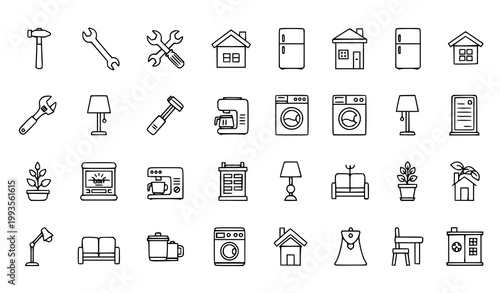 Household objects vector line icon set black white home appliances tools