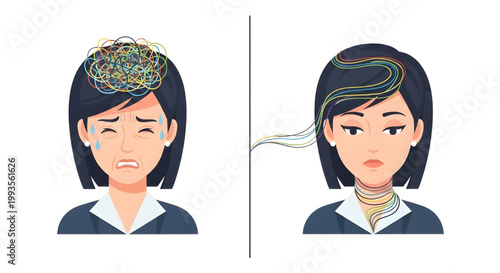 Two-panel comparison of a woman from stressed confusion with multi-colored tangled threads to organized calm and focus, vector illustration, Neurodiversity and Inclusive Mental Health Vector