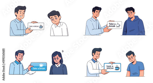Four-panel illustration of diverse colleagues offering "TAKE A BREAK" signs with a coffee icon to tired workers for wellness, vector illustration, Neurodiversity and Inclusive Mental Health Vector