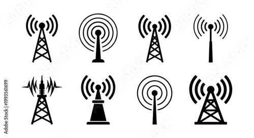 Radio tower icon set with 8 black vector silhouettes, telecommunication antenna signal symbols, wireless network transmitter broadcast signs